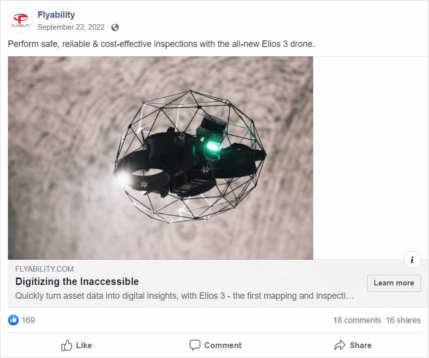 Flyability Faceboook Ad Example Showing Drone Flying